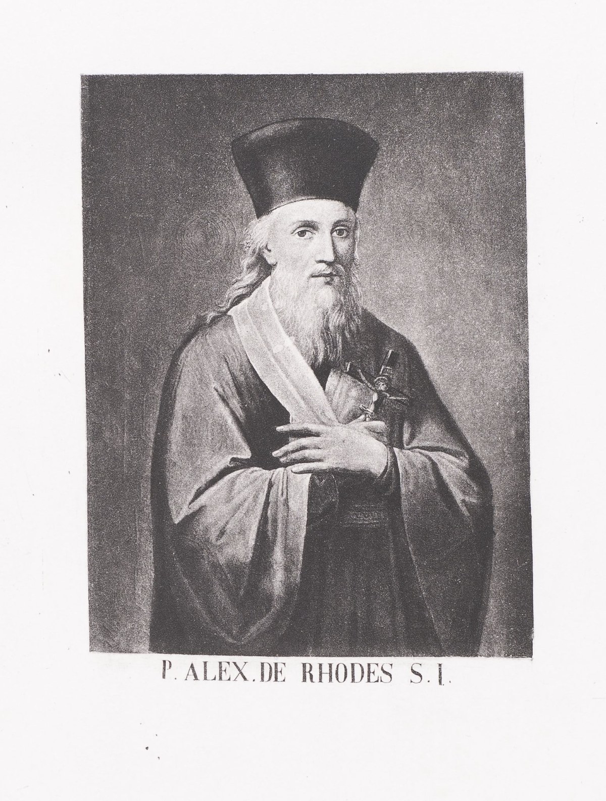 An engraved portrait of a Jesuit priest in a black habit