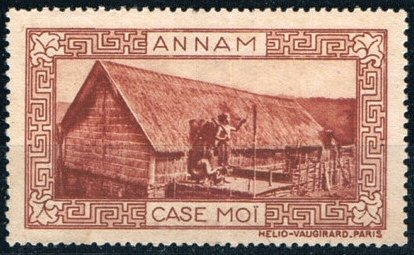 A postage stamp of French Annam showing a house on piles with the words Habitat moï