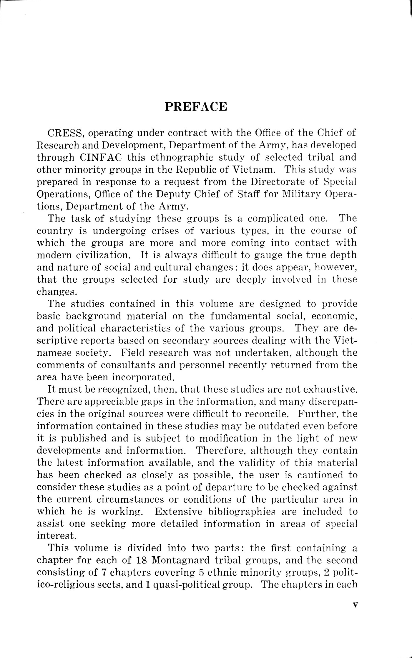 A printed page headed Preface, from a 1966 US Army study of minority groups in South Vietnam