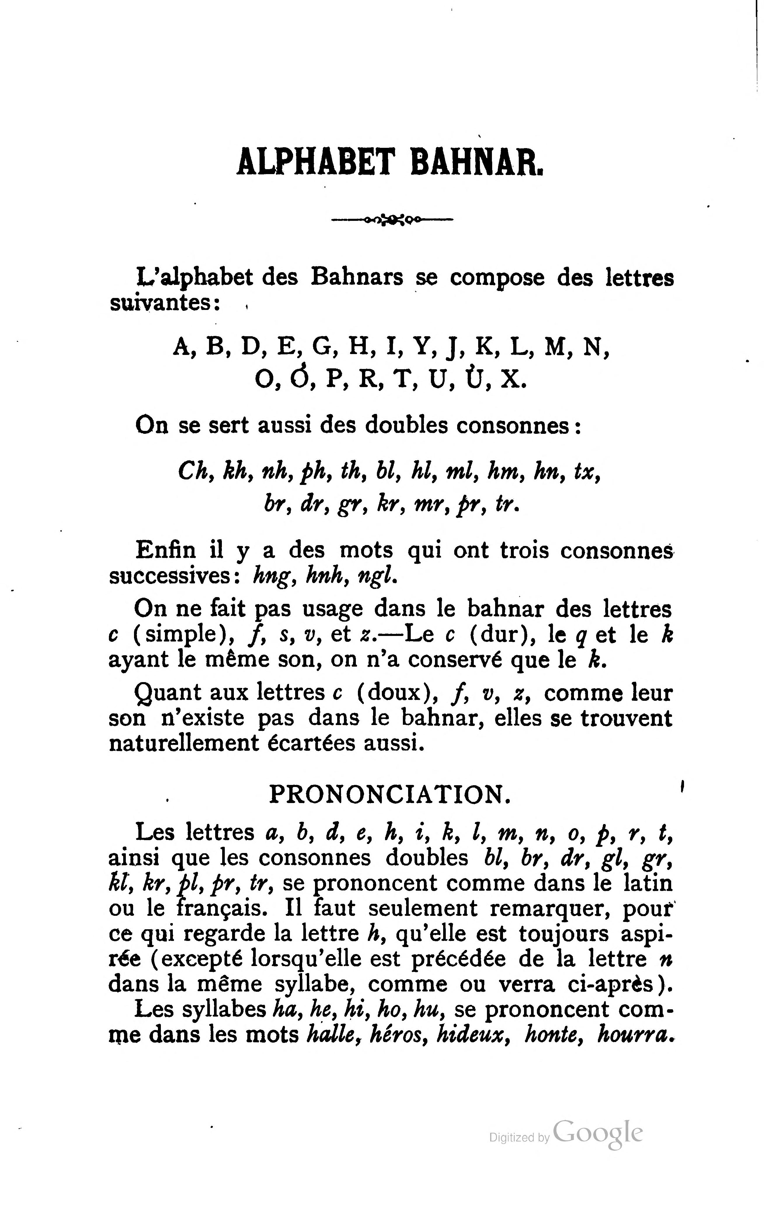 A printed page headed Alphabet bahnar listing the letters and notes on pronunciation