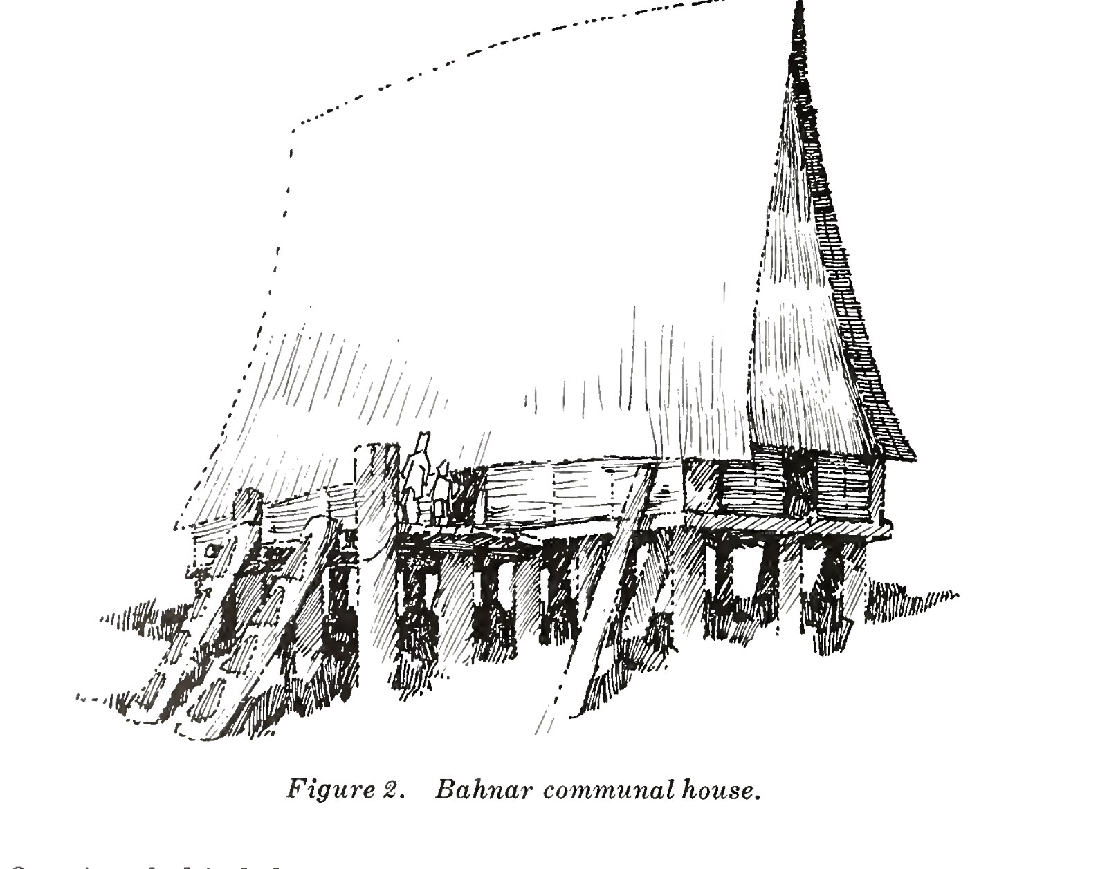 A drawing of a Bahnar communal house on tall piles with a steep roof rising to a point