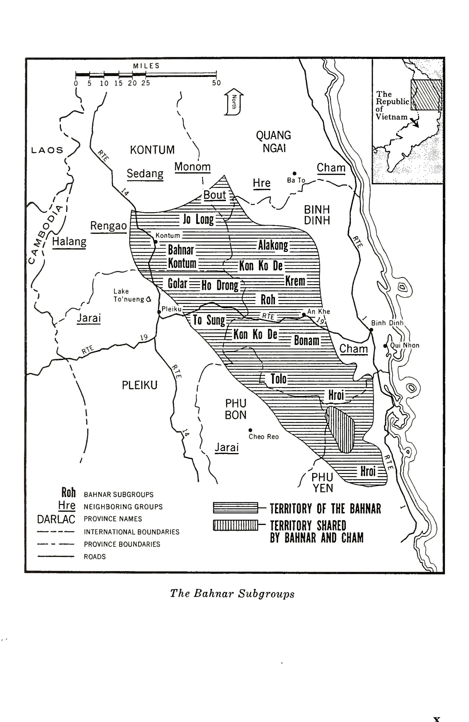 A map of the Bahnar country between Kon Tum and An Khe with its subgroups marked
