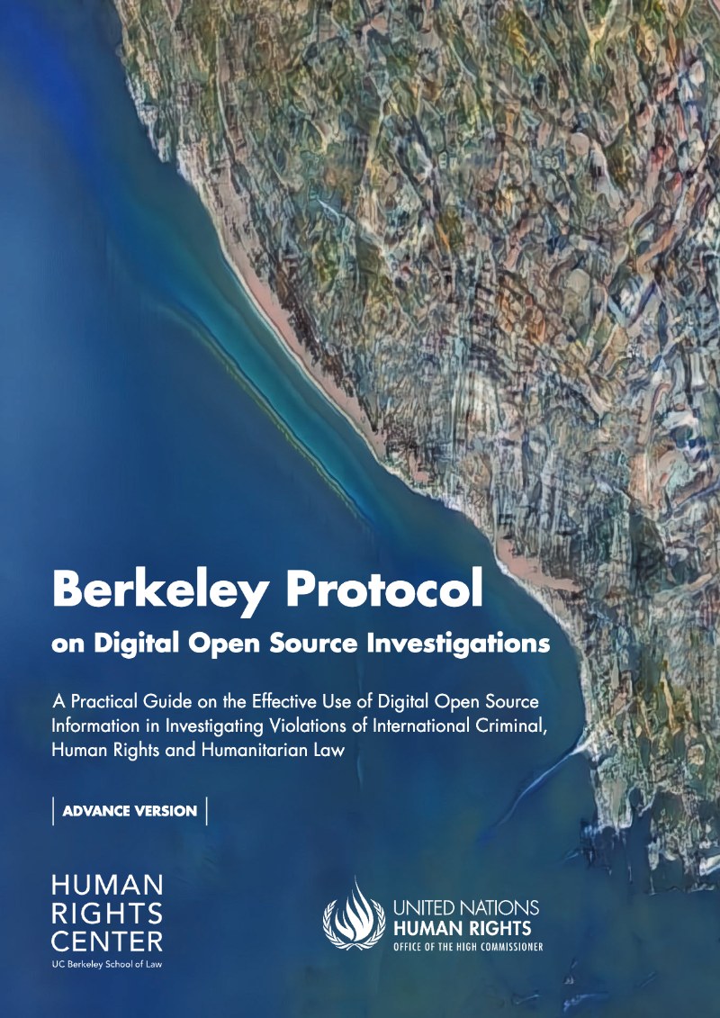The cover of the Berkeley Protocol on Digital Open Source Investigations, over a satellite view of a coastline