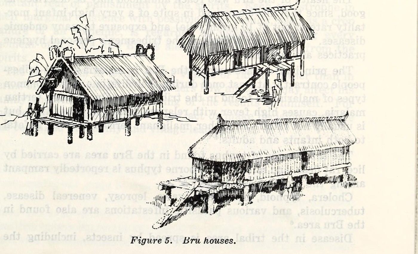 A drawing of three Bru houses on posts with entrance platforms