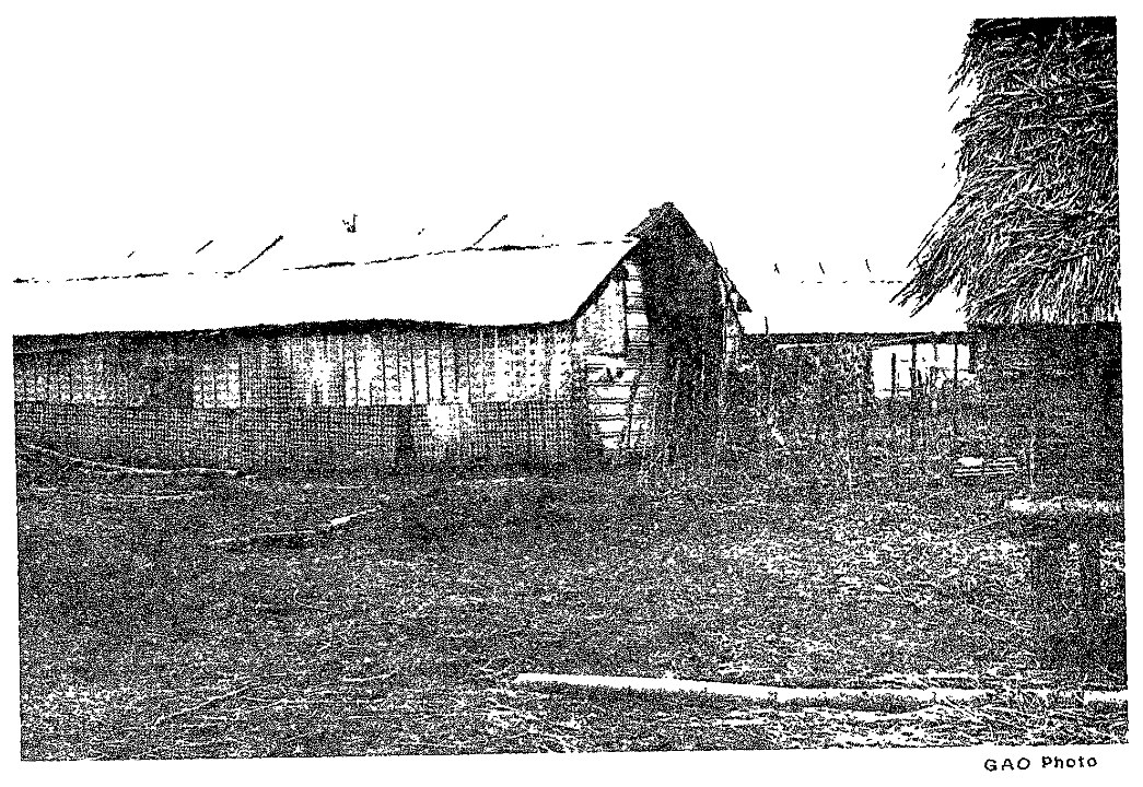Grainy photograph of a long plank house with a tin roof beside a thatched building
