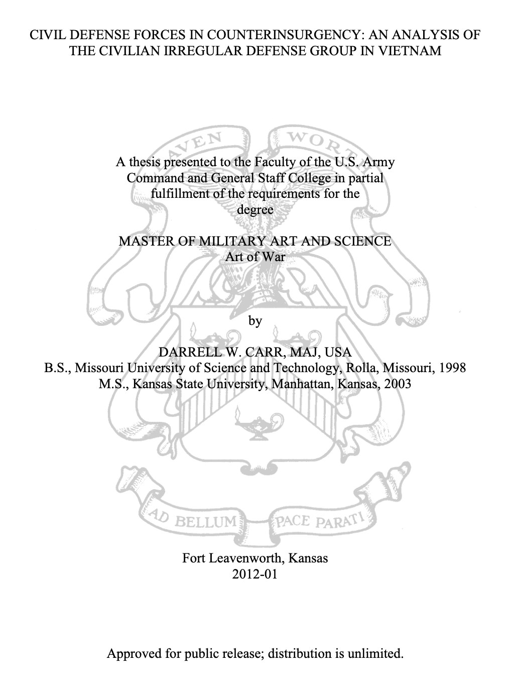 The title page of a master’s thesis presented to the US Army Command and General Staff College, on the Civilian Irregular Defense Group in Vietnam