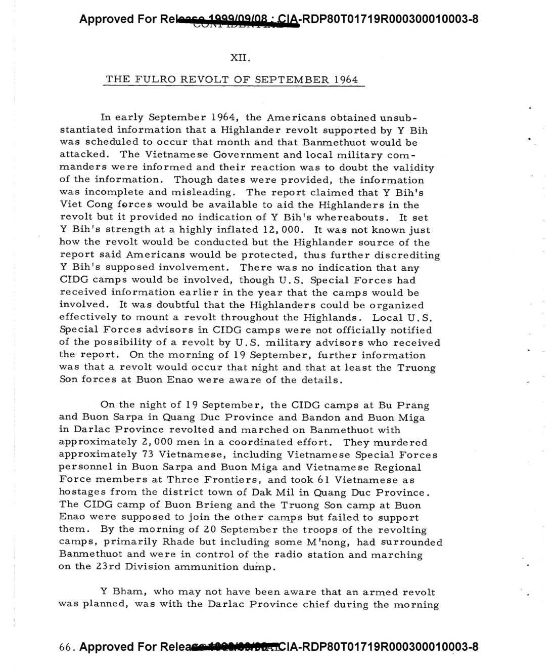 A typed page headed The FULRO revolt of September 1964, describing the rising of the strike force camps and the march on Ban Me Thuot