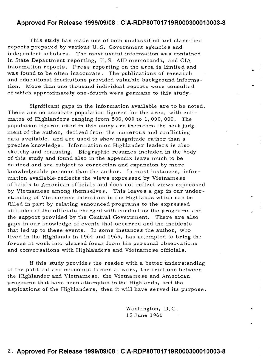 A typed preface page dated Washington, June 15, 1966, which begins its second paragraph with the words Significant gaps in the information available are to be noted