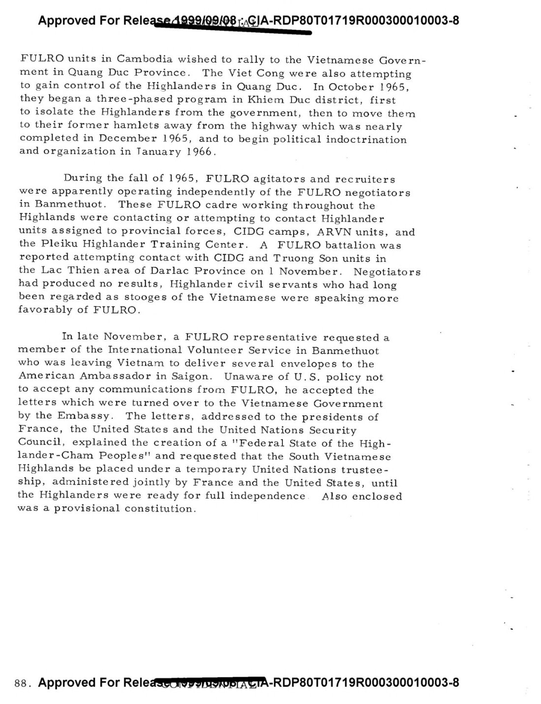 A typed page describing FULRO letters of late 1965 to the presidents of France and the United States and to the UN Security Council