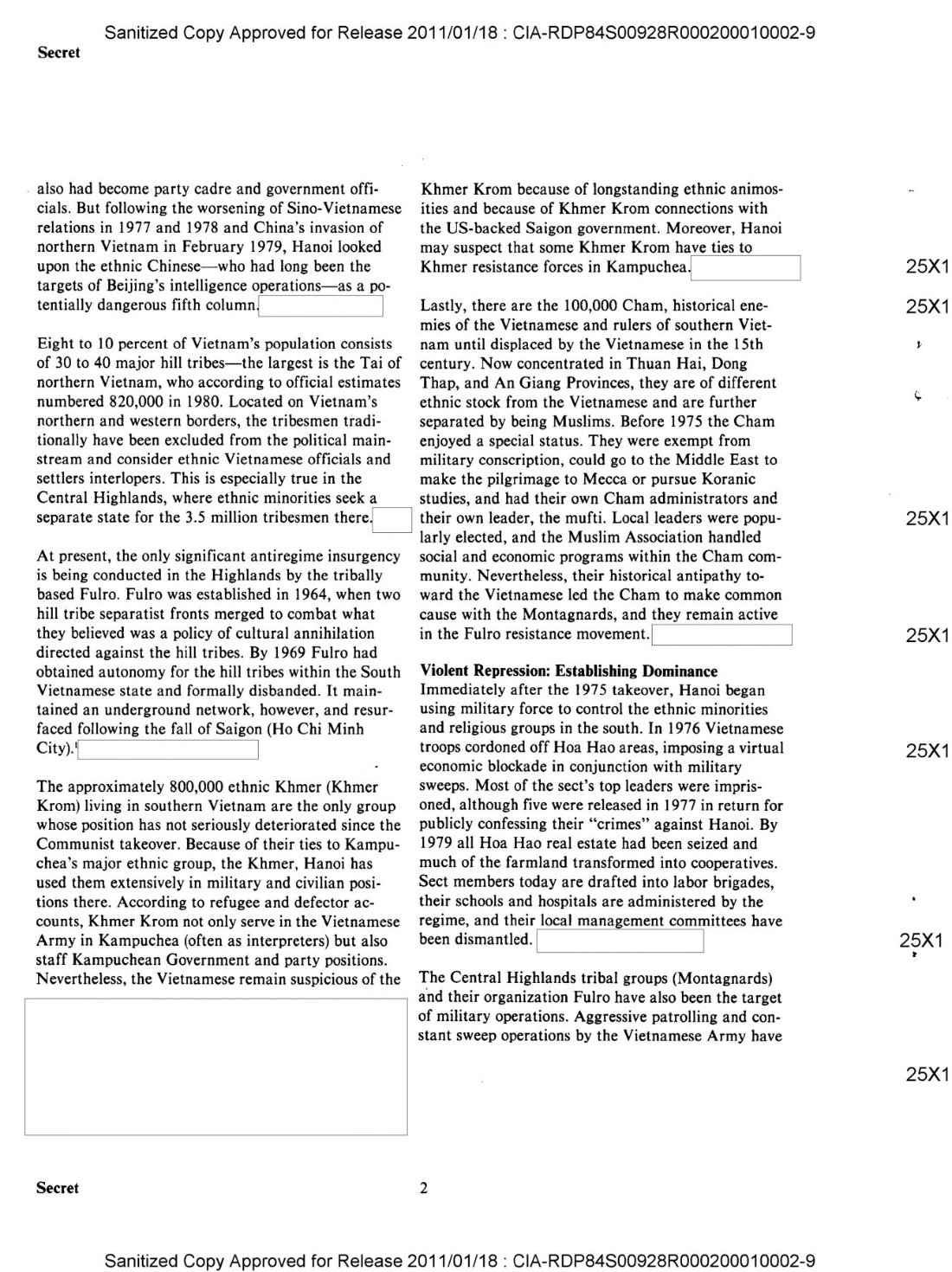 A typed two-column page of a CIA research paper on ethnic minorities in Vietnam, with blanked-out passages