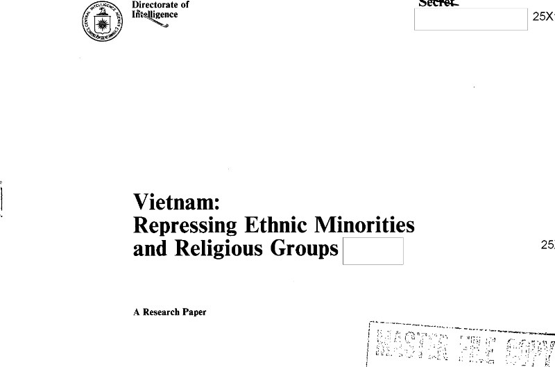 The typed cover of a CIA research paper, Vietnam: Repressing Ethnic Minorities and Religious Groups, with declassification stamps