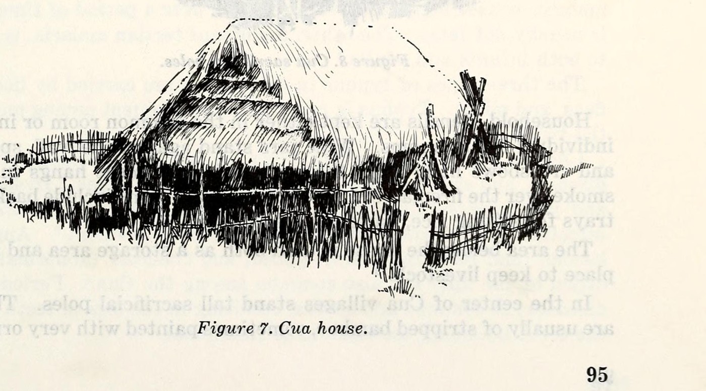 A drawing of a long thatched house on low posts