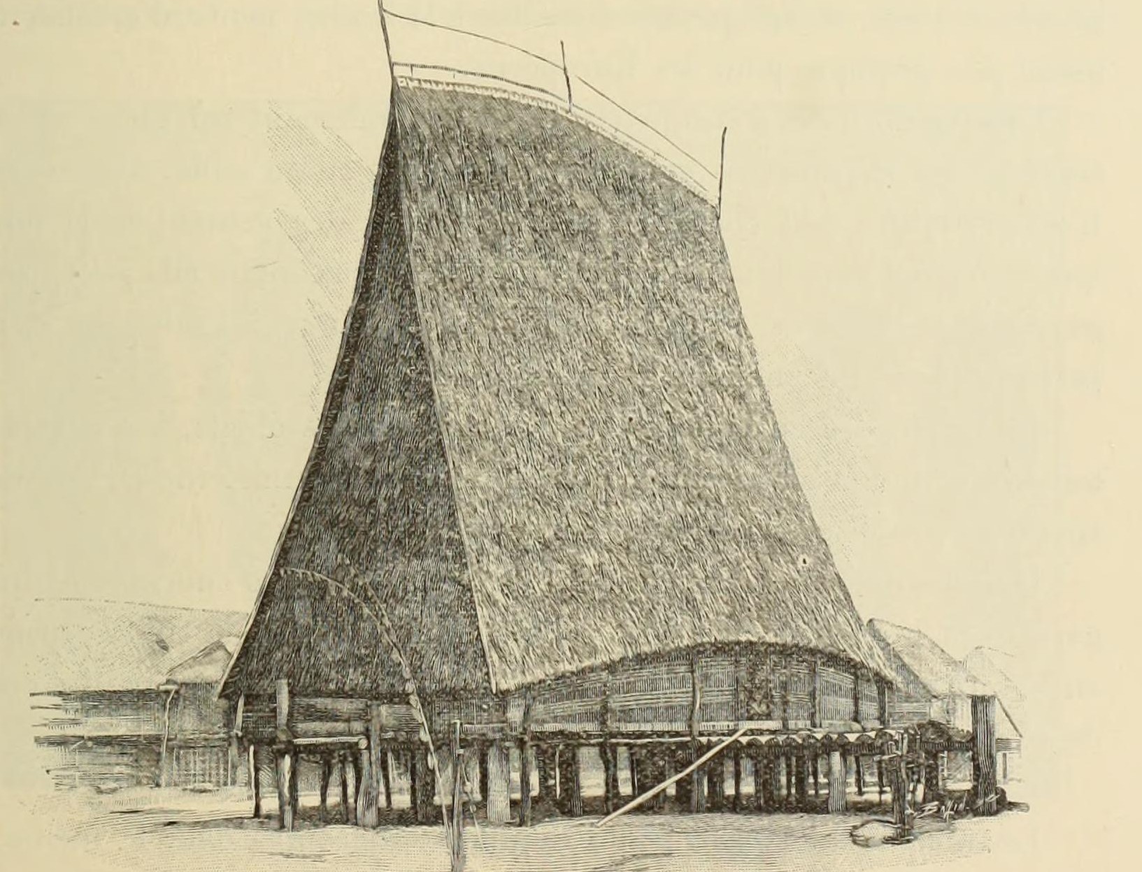 An engraving of a communal house with a very tall steep thatched roof