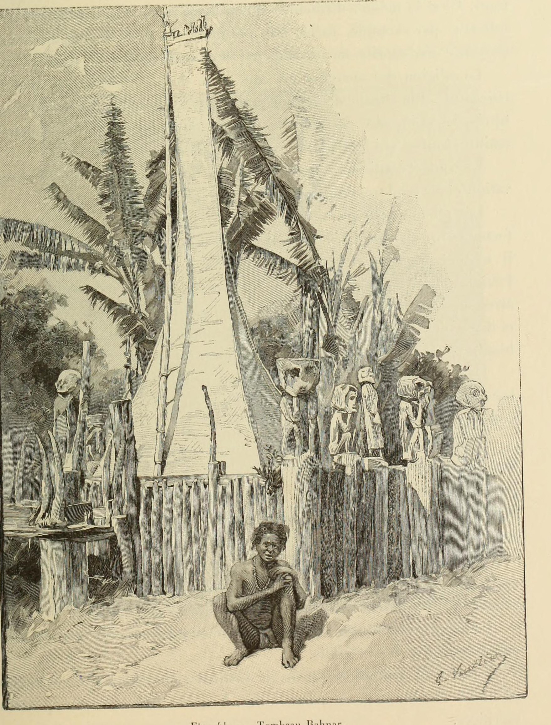 An engraving of a Bahnar tomb with a roofed structure and carved posts