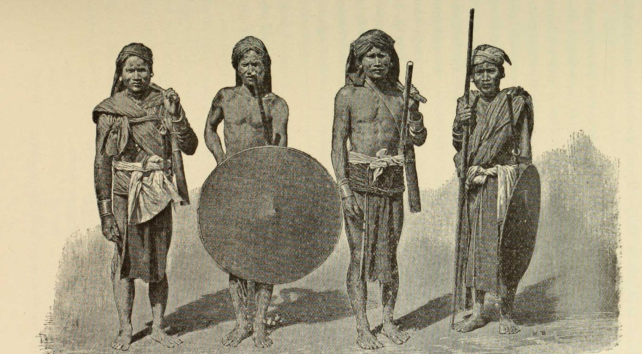 An engraving of four Jarai men with spears, one holding a large round shield