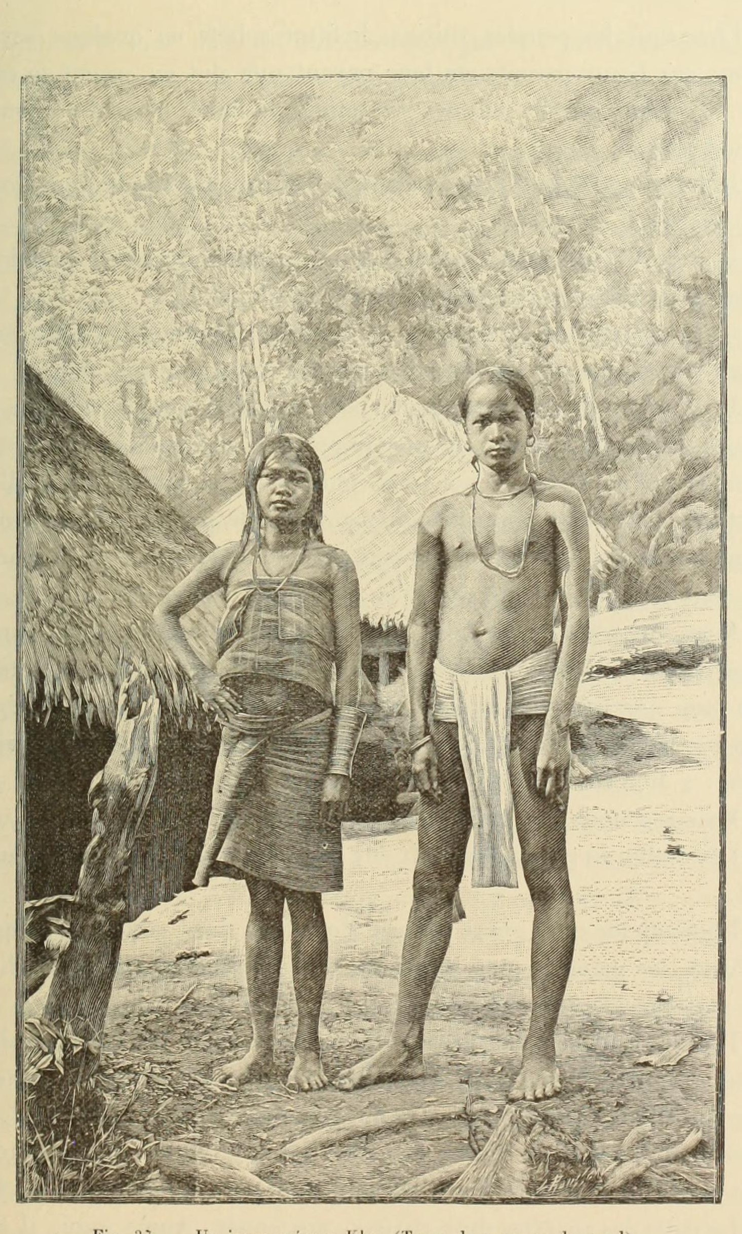 An engraving of a young highland couple standing in front of a house