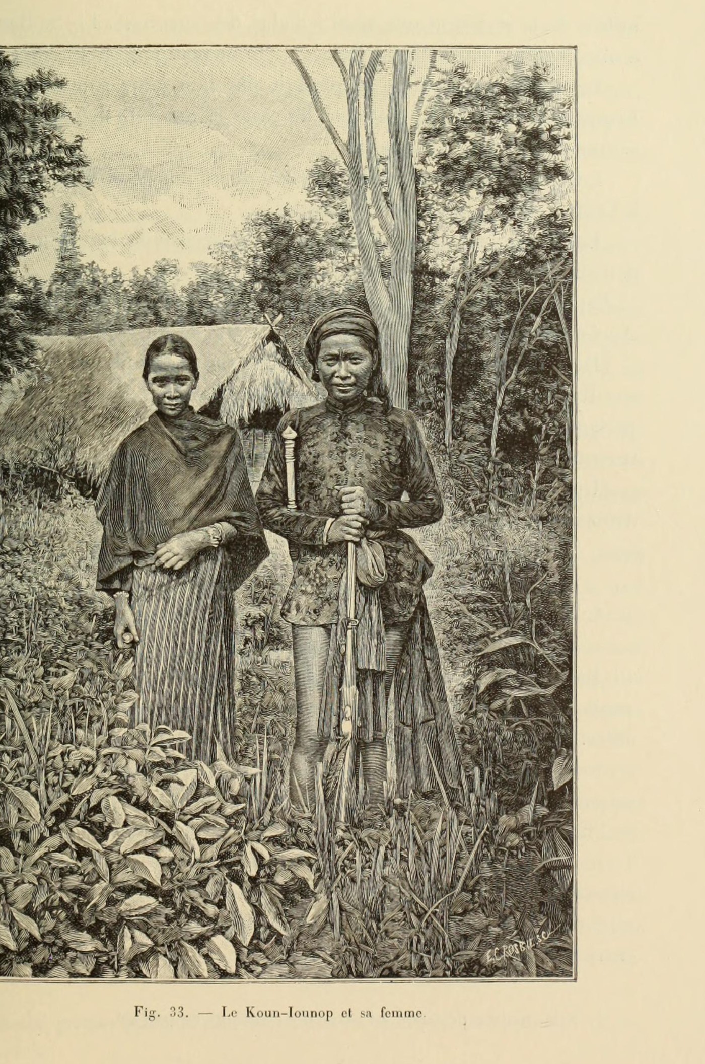 An engraving of a man and a woman standing in front of trees