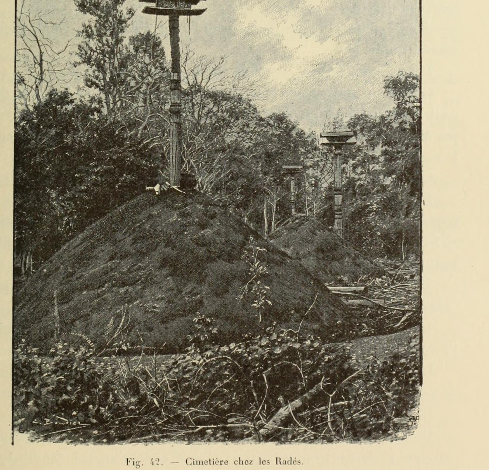 An engraving of a mound with a tall carved post in a clearing