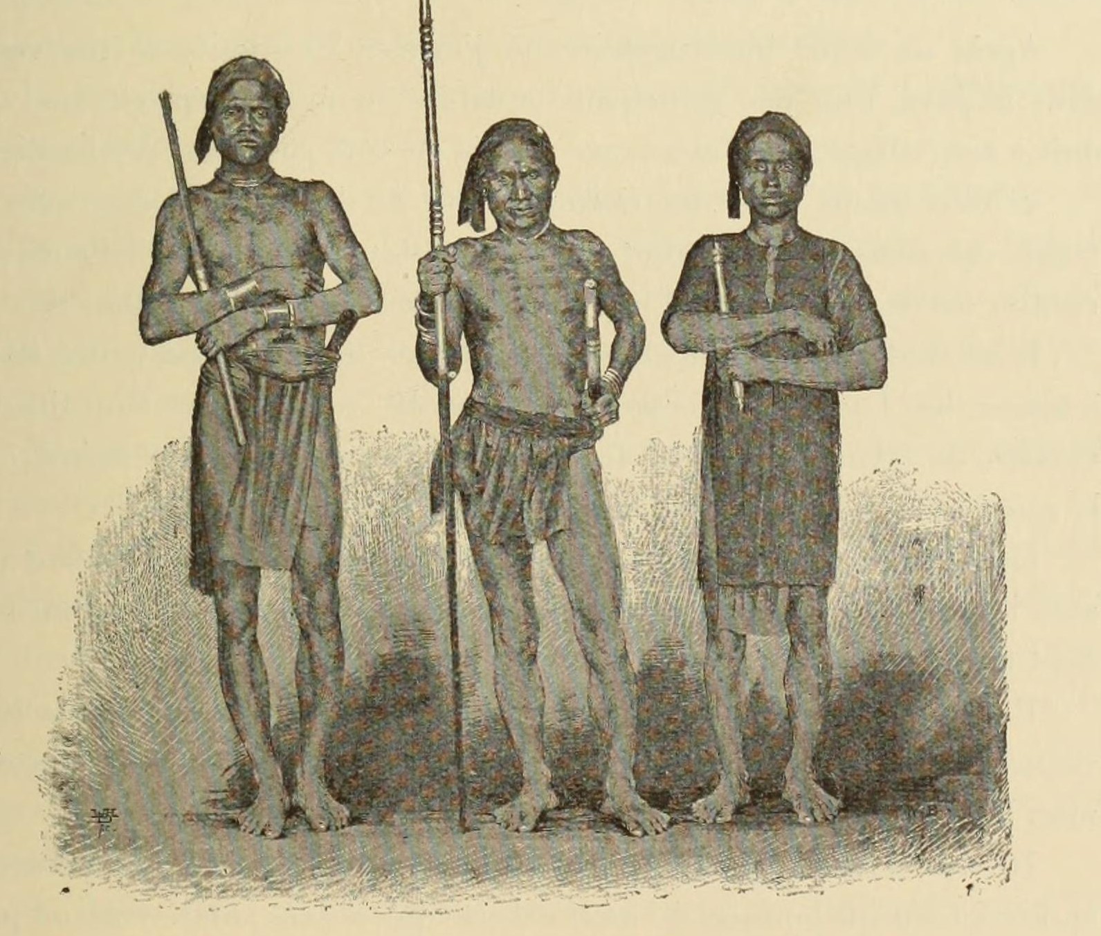 An engraving of three Rhade men with spears standing in a row