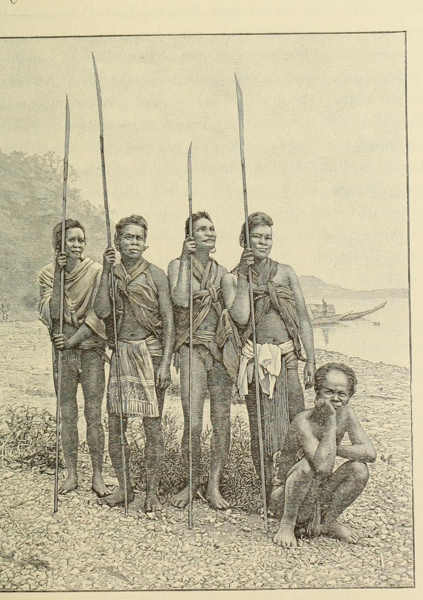 An engraving of five highland men with spears standing on a riverbank