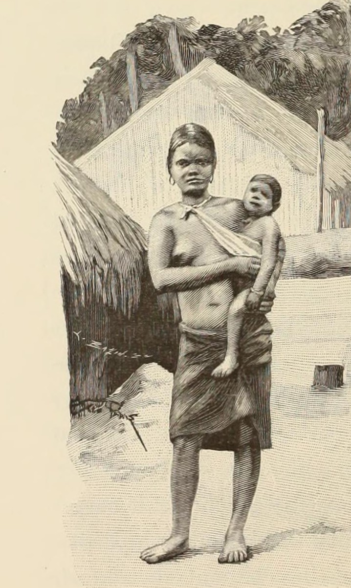 An engraving of a highland woman carrying a child on her back