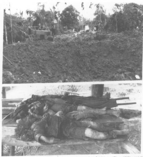 Two photographs mounted together: a burned village above, and the bodies of a family laid on the ground below