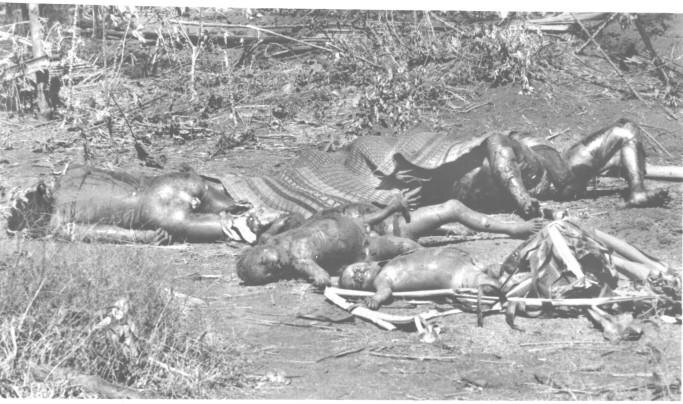 Burned bodies laid in a row on the ground on mats