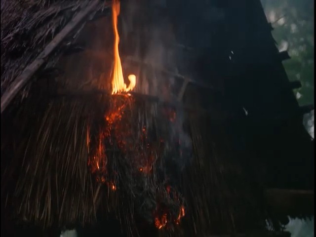 Flames climb the thatched wall of a house