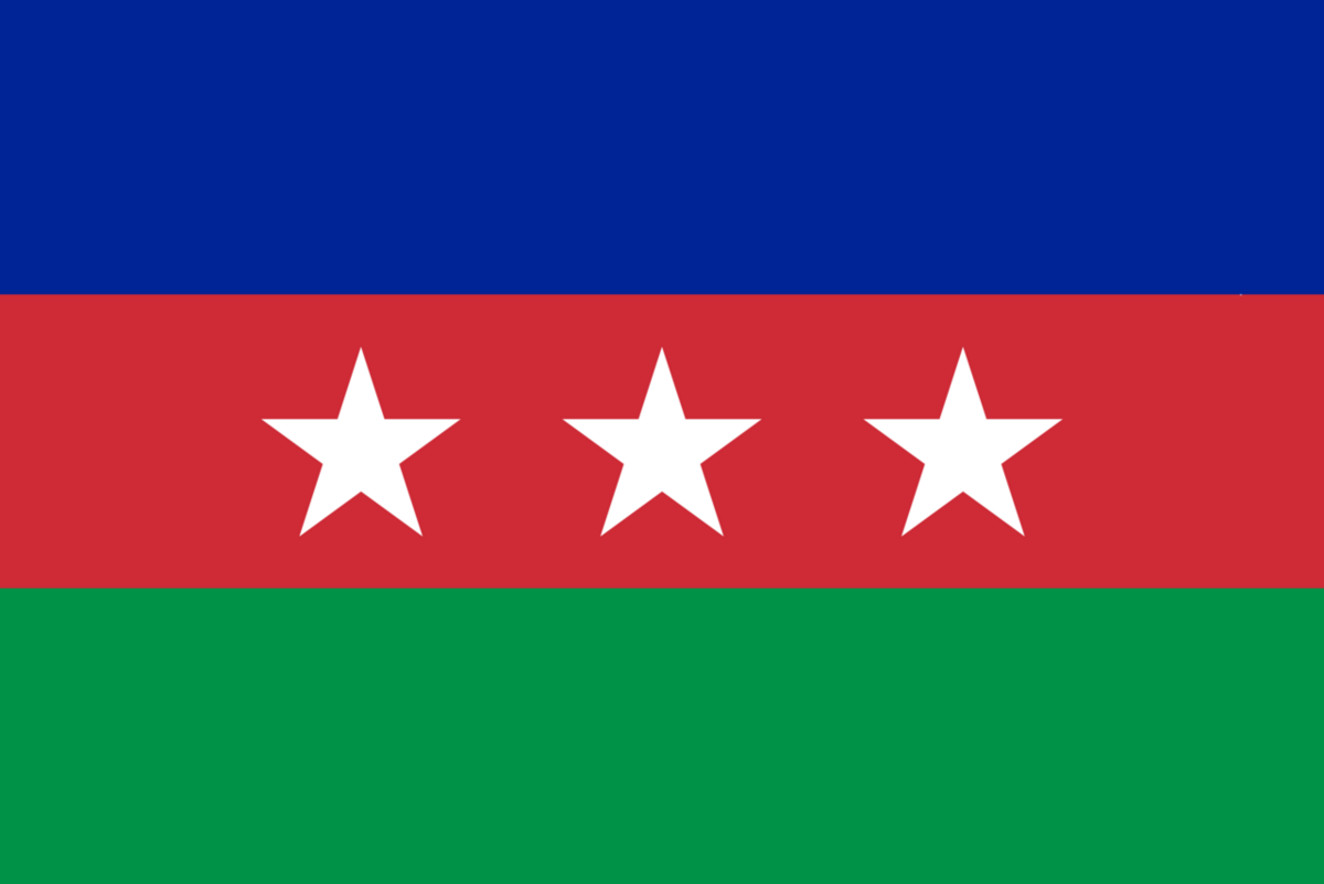 A flag of blue, red and green horizontal bands with three white stars on the red