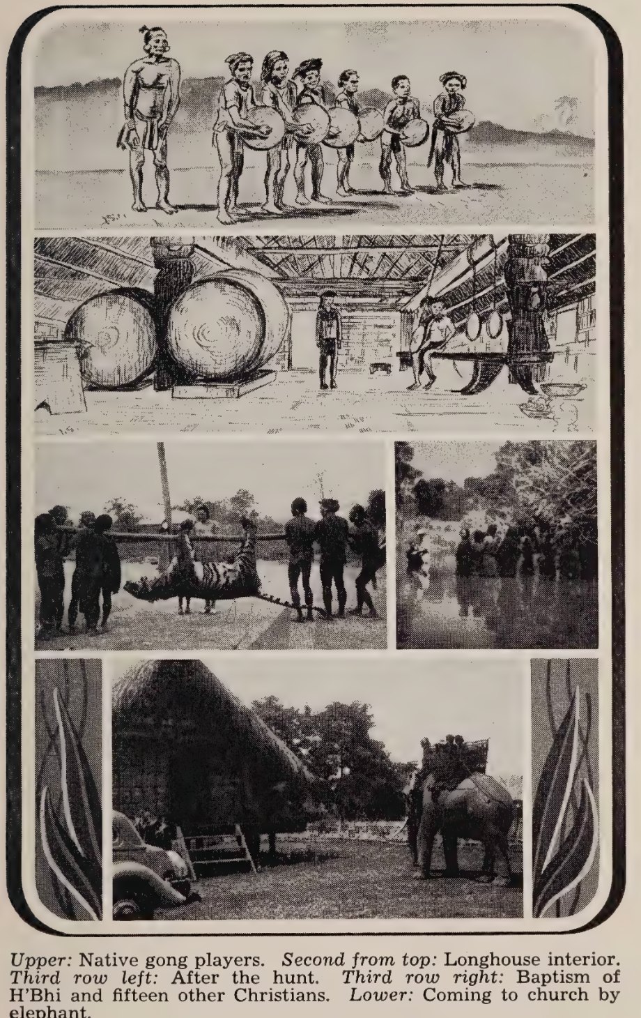 A page of photographs and drawings: gong players, a longhouse interior, a hunt, a baptism in a river, and an elephant beside a church