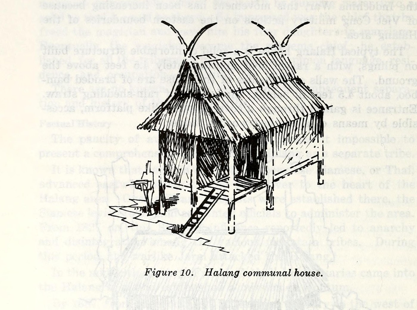 A drawing of a communal house with a very high peaked roof