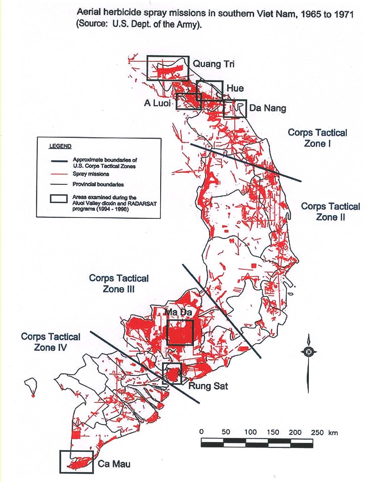 A map of South Vietnam covered in dense red lines marking spray missions, thickest along the western border