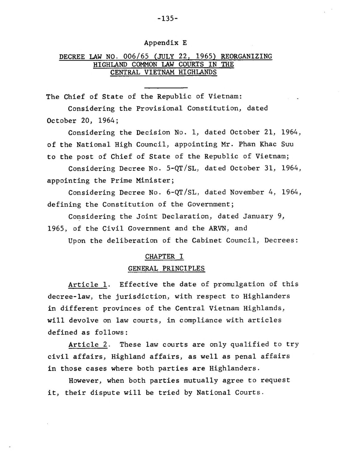 A typed page headed Decree Law No. 006/65 of July 22, 1965, reorganizing highland common law courts, beginning with Chapter I, General principles