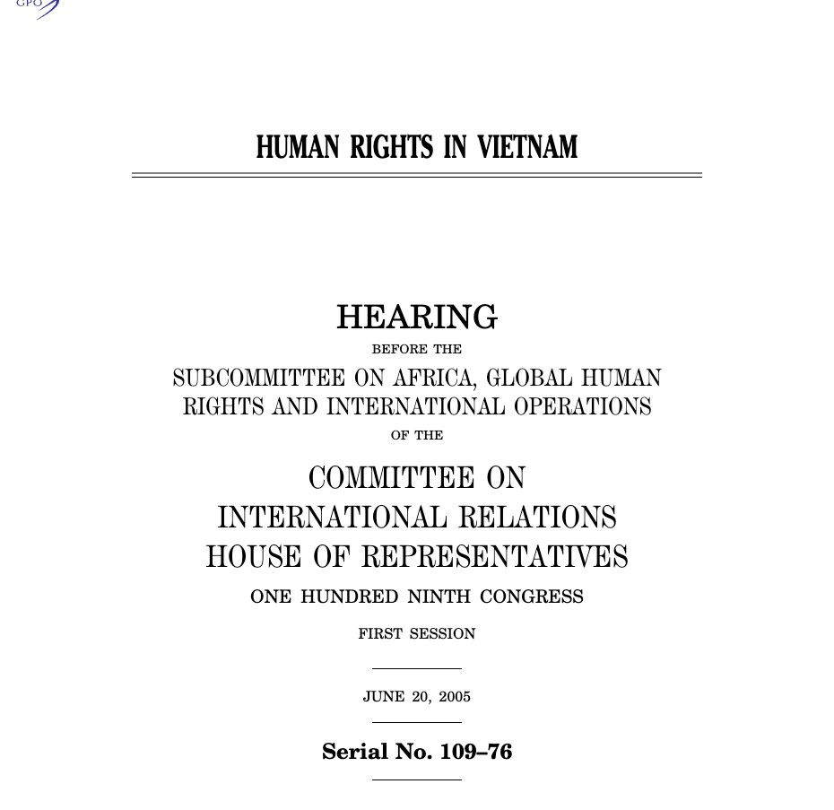 The title page of a printed hearing record reading Human Rights in Vietnam, Serial No. 109-76