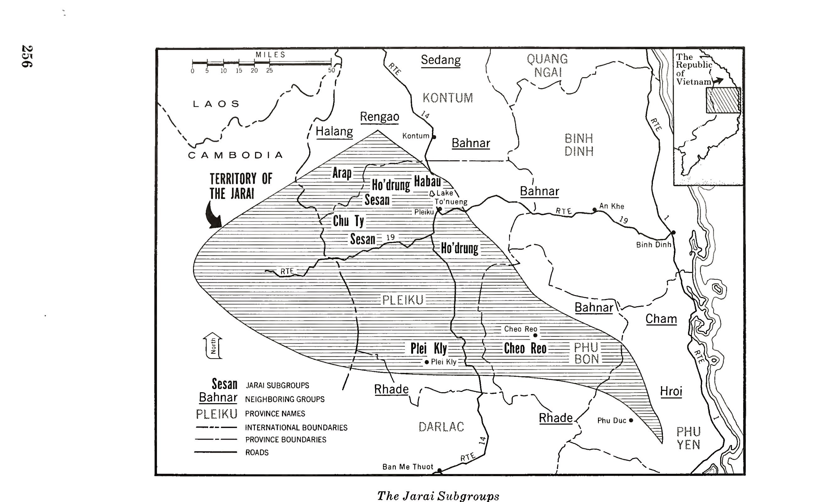 A map of the Jarai country around Pleiku and Cheo Reo with its subgroups marked