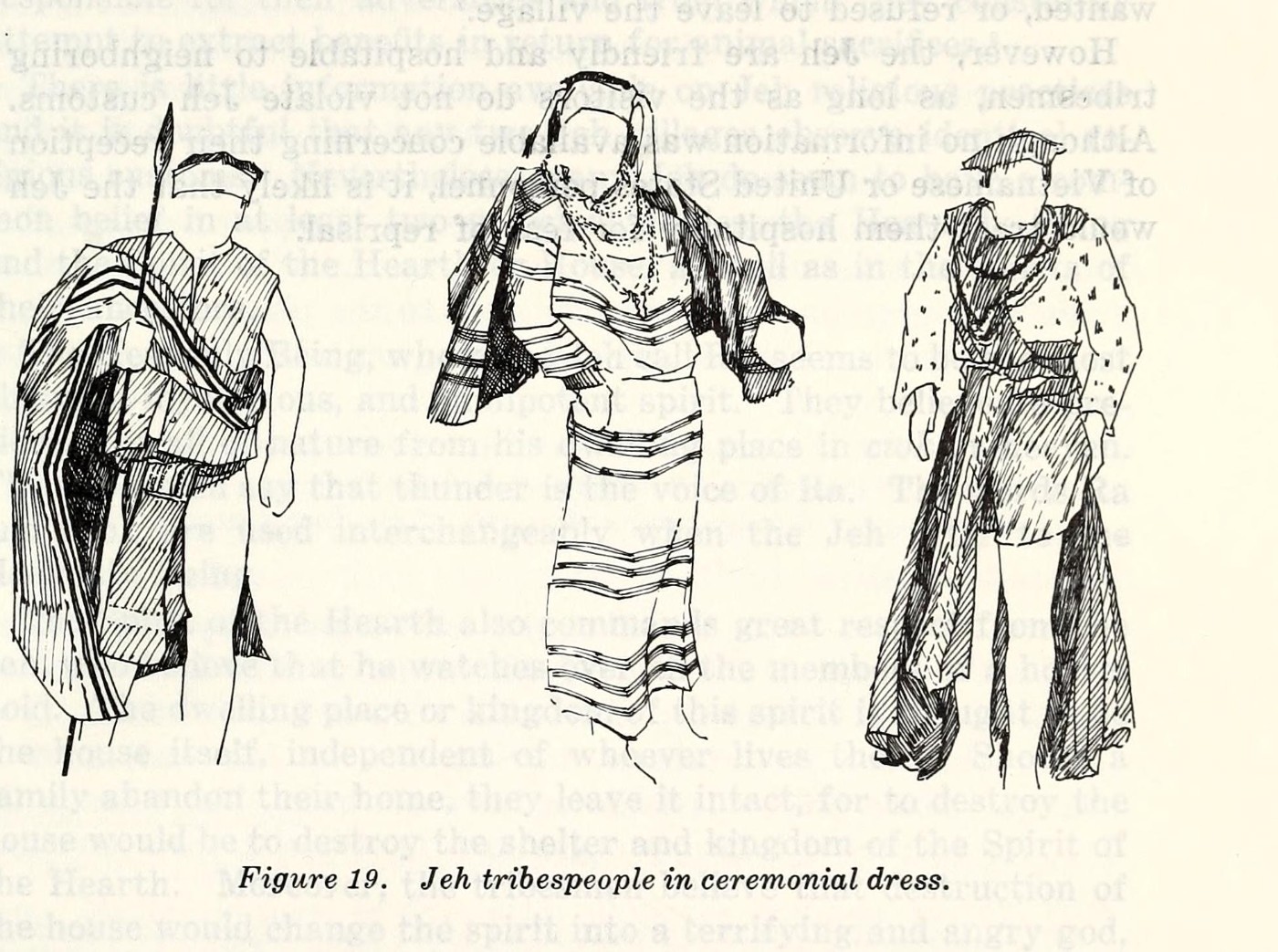 A drawing of three Jeh people in ceremonial dress with blankets, beads and a spear