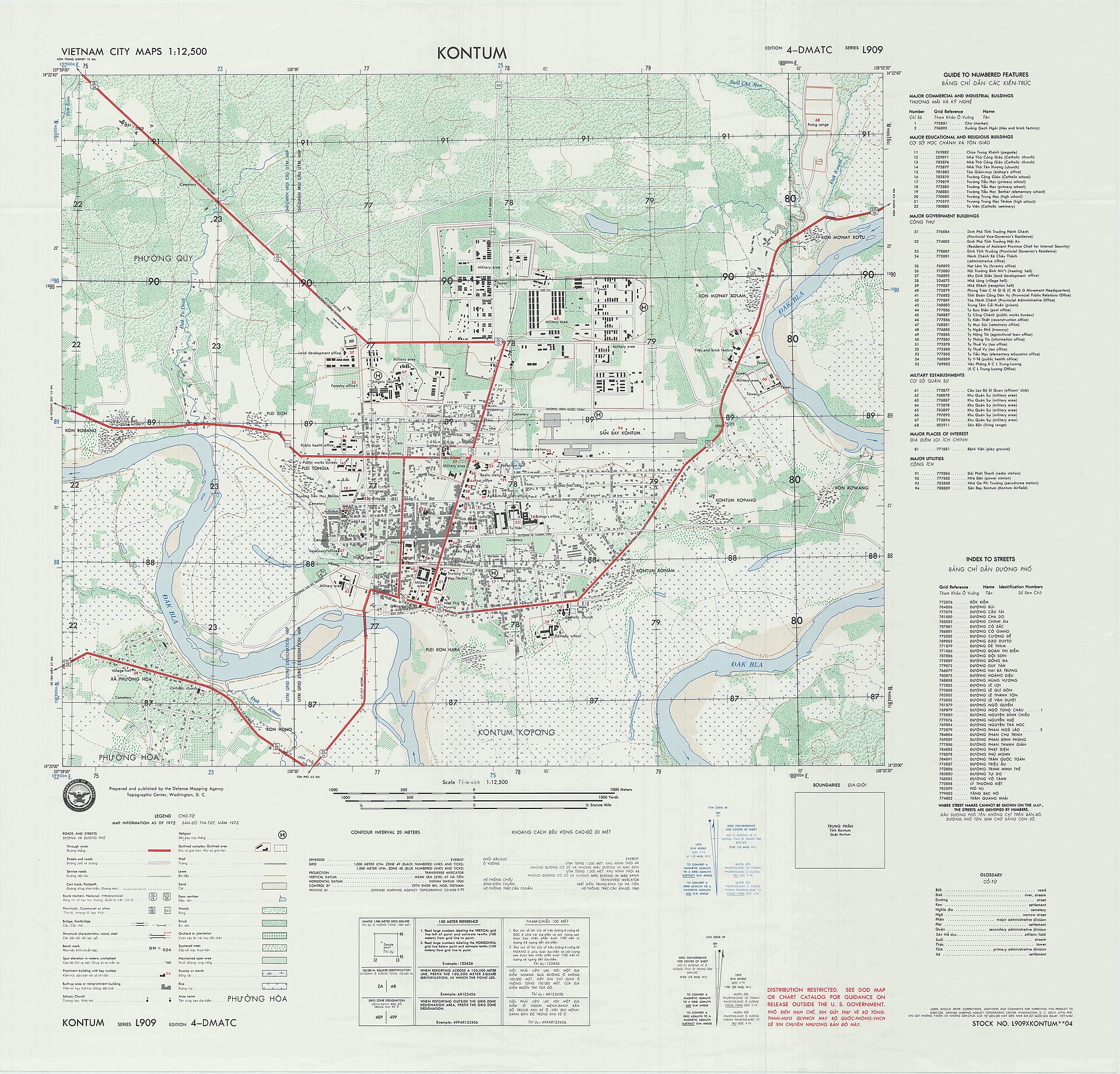 A US Army map of Kontum city showing the town, the airfield, roads and the Dak Bla river