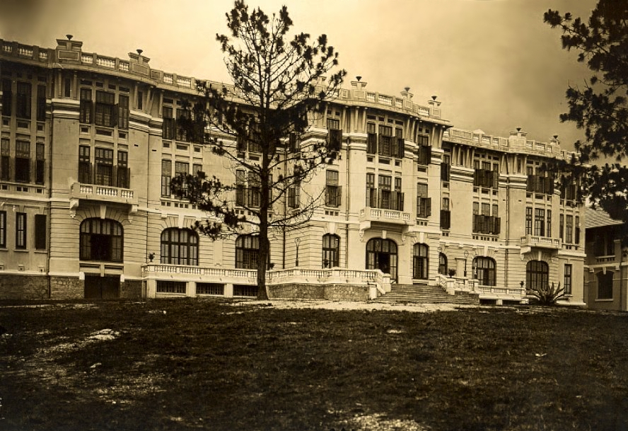 A large colonial hotel building behind a young pine tree, 1920s