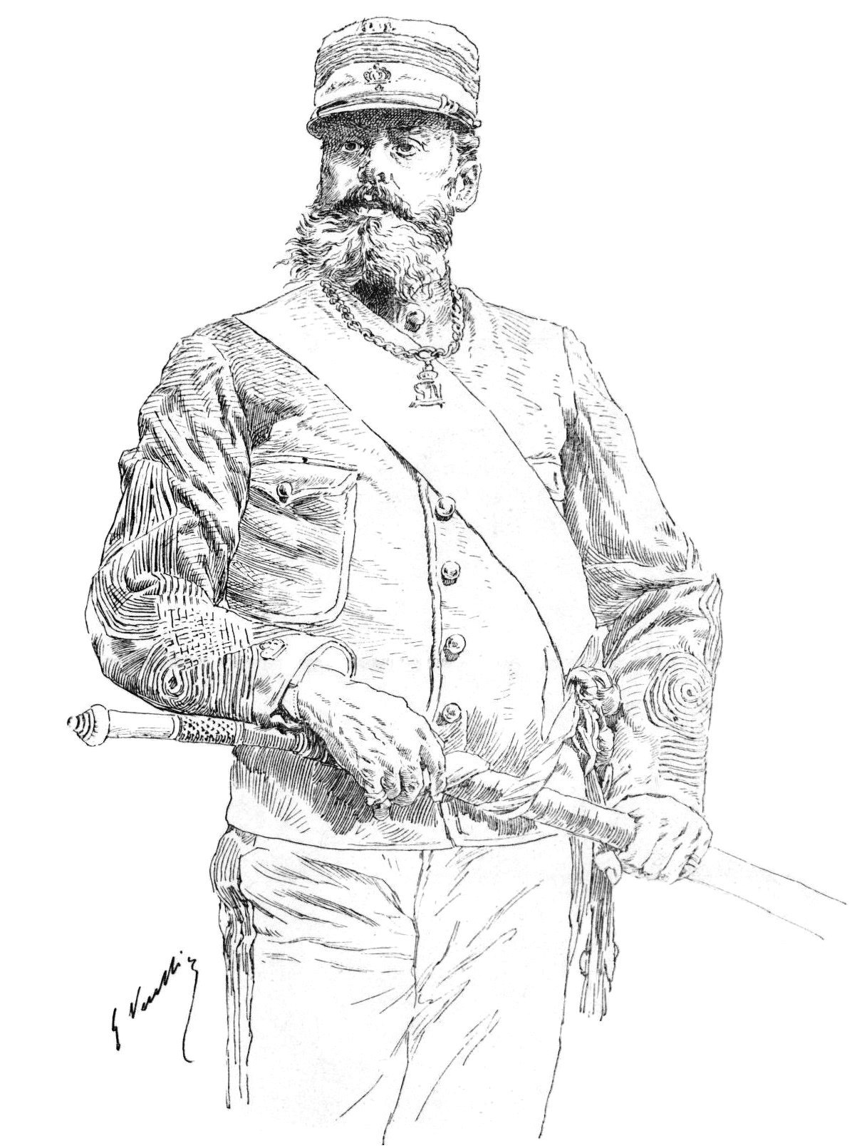 An engraved portrait of a bearded man in a light suit and sun helmet wearing a decoration, holding a sword