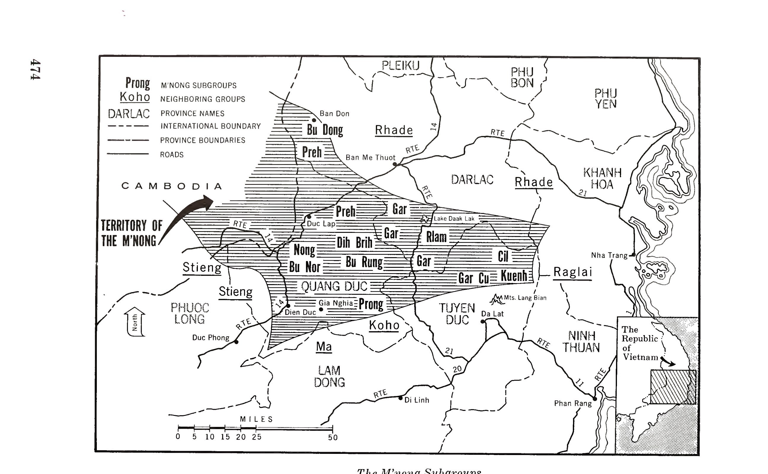 A map of the Mnong country south and west of Ban Me Thuot, across the Cambodian border, with its subgroups marked