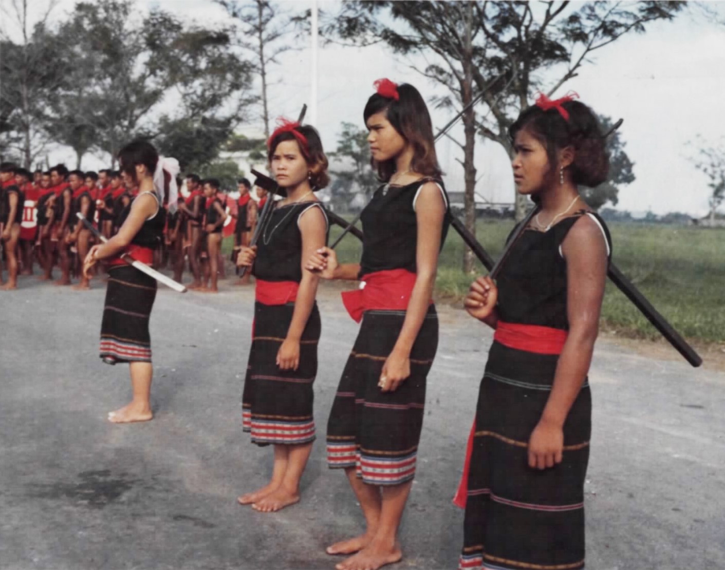 Montagnard militiawomen marching in a parade