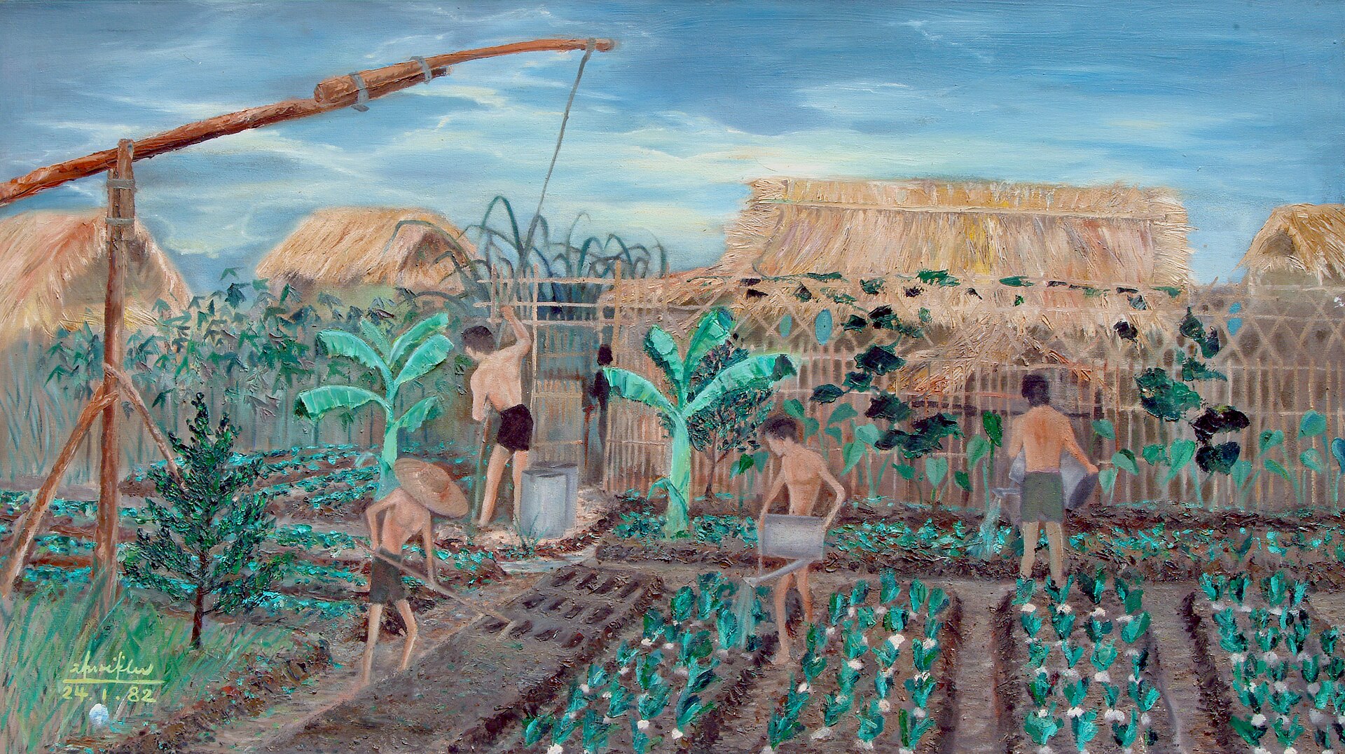 A painting of thatched huts, people working vegetable plots and a watchtower