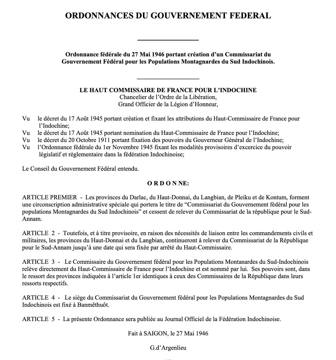 A typed page headed Ordonnances du Gouvernement Fédéral, with five articles and the signature G. d'Argenlieu