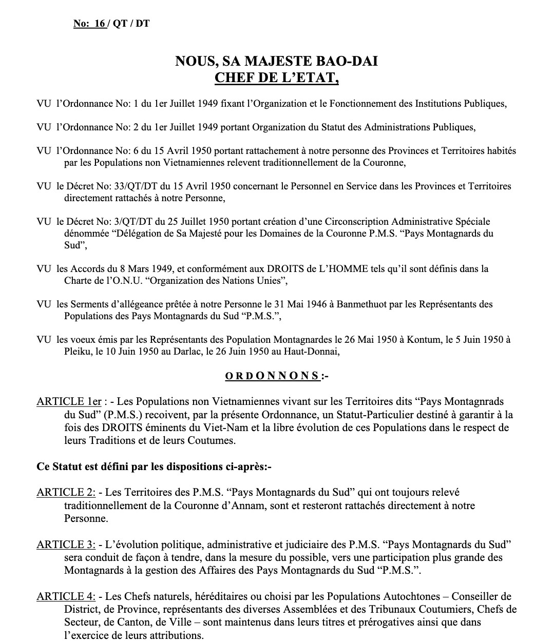 A typed page headed No 16/QT/DT, Nous, Sa Majesté Bao-Dai, Chef de l'Etat, with the preamble and the first four articles