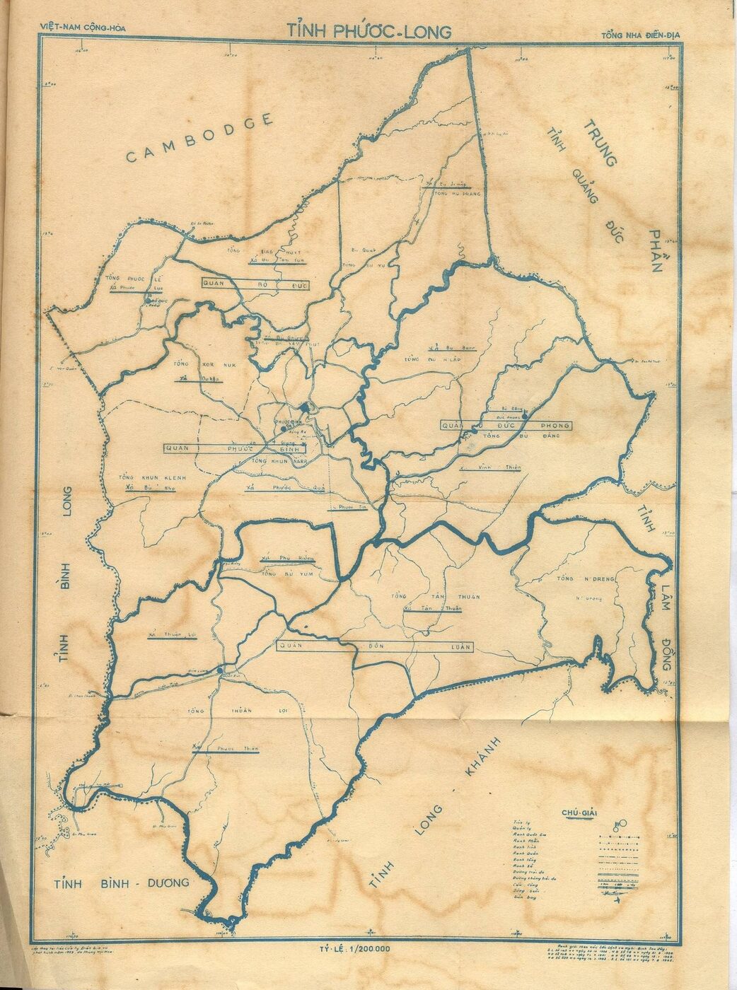 A printed map of Phuoc Long province showing its districts, rivers and the Cambodian border