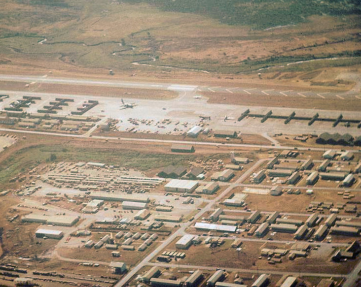 An aerial view of an air base with runways