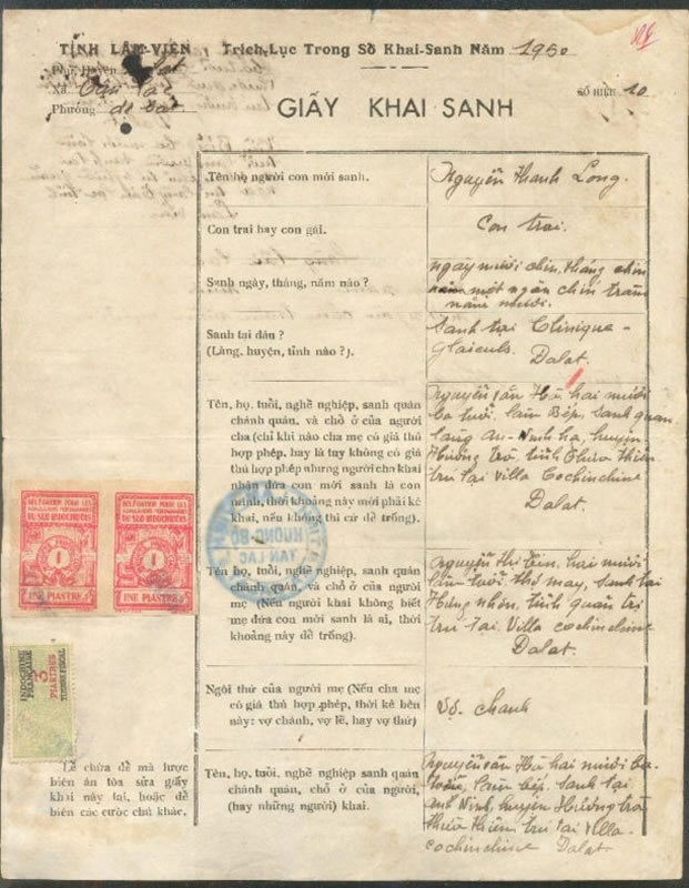 A printed birth certificate in French with stamps and handwriting