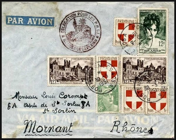 An airmail envelope covered in French stamps with a round seal, addressed to Mornant in France