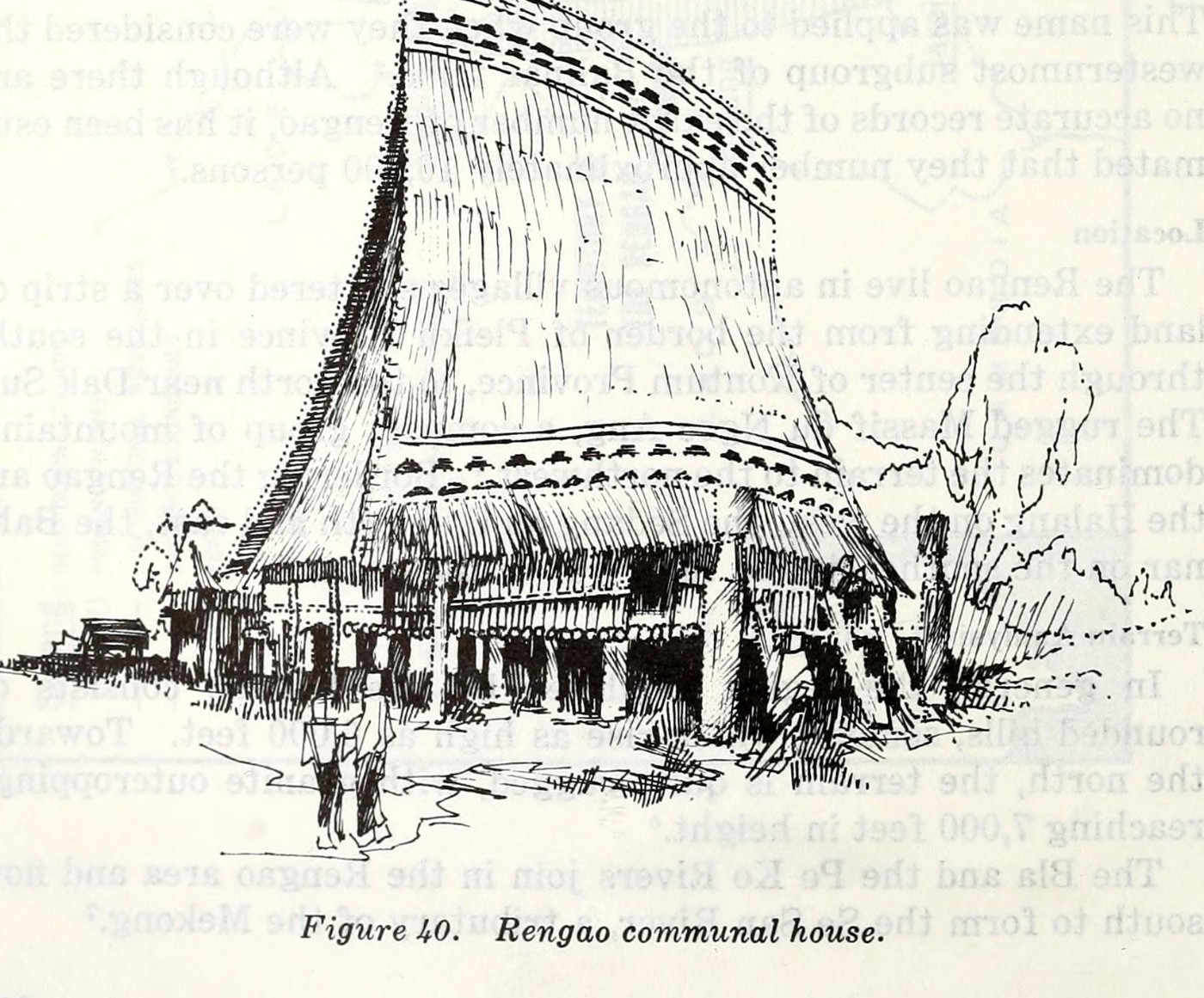 A drawing of a communal house with a tall roof shaped like an ax blade