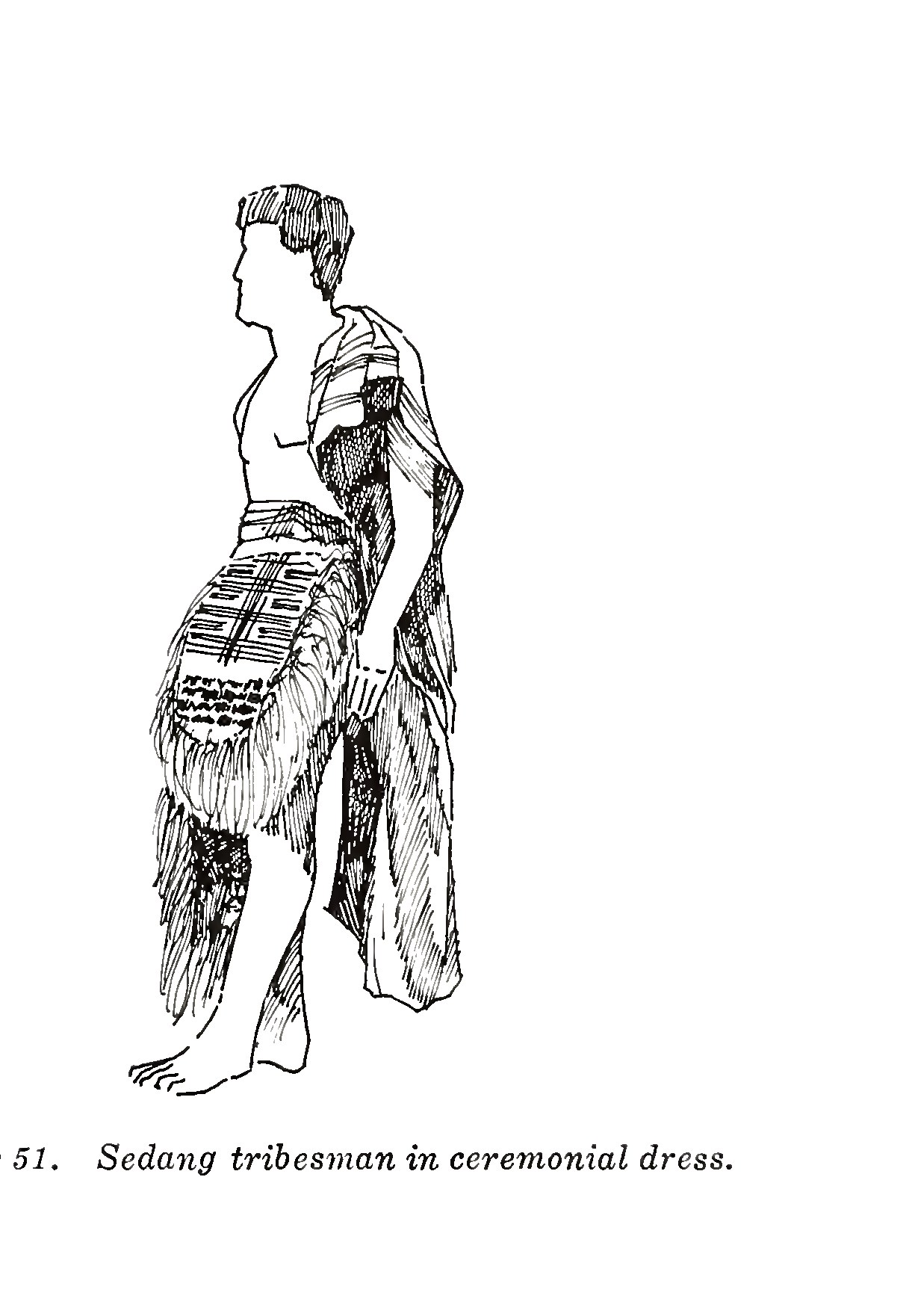 A drawing of a Sedang man in ceremonial dress with a blanket over one shoulder
